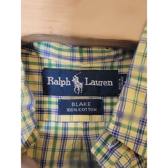 Ralph Lauren Button Down Shirt Yellow Blue Green Plaid Short Sleeve Men's Size X - Picture 6 of 6